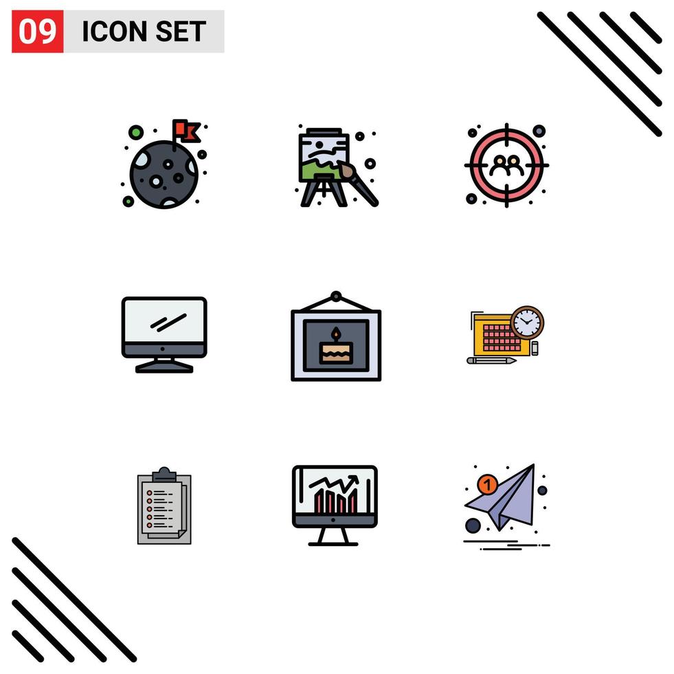 Editable Vector Line Pack of 9 Simple Filledline Flat Colors of birthday imac man device computer Editable Vector Design Elements