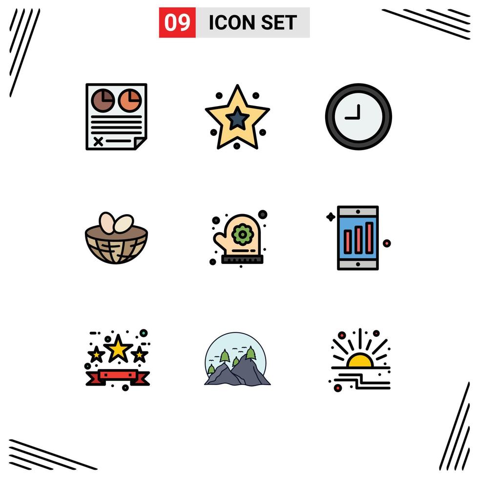 Universal Icon Symbols Group of 9 Modern Filledline Flat Colors of mobile flower clock oven mitt egg Editable Vector Design Elements