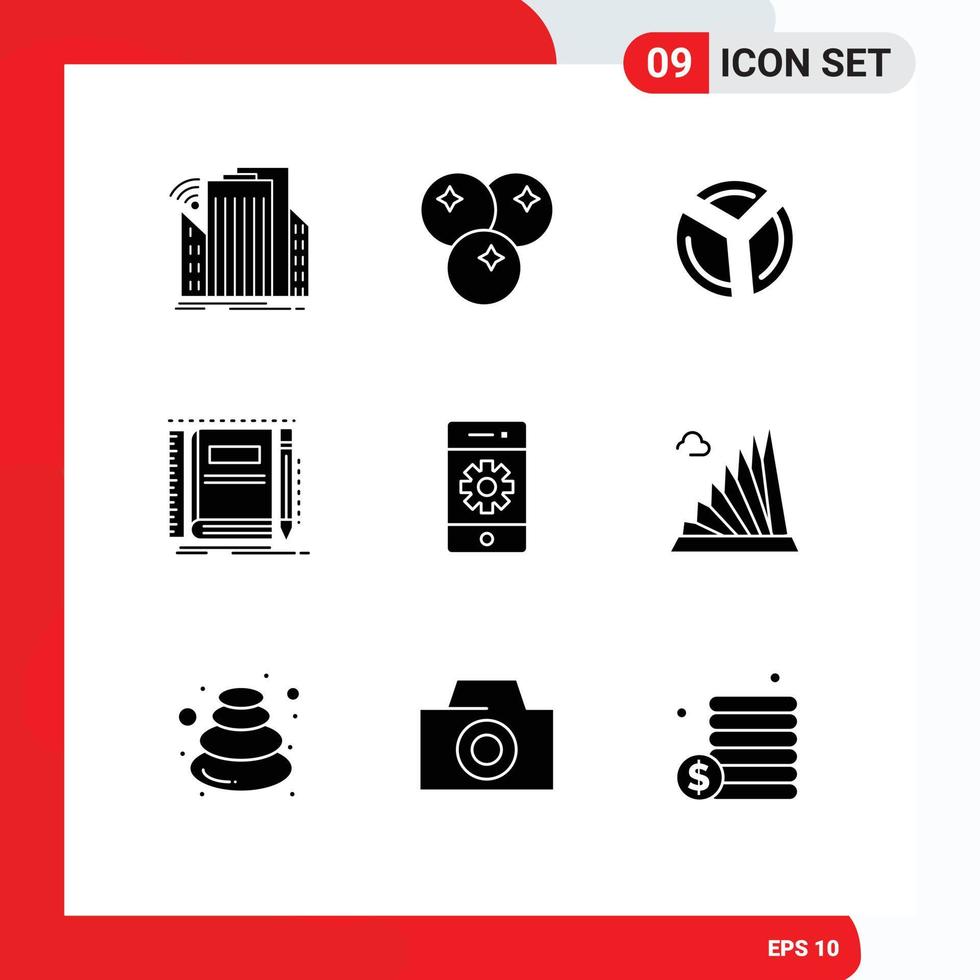 User Interface Pack of 9 Basic Solid Glyphs of sketching notepad meal notebook analytics Editable Vector Design Elements