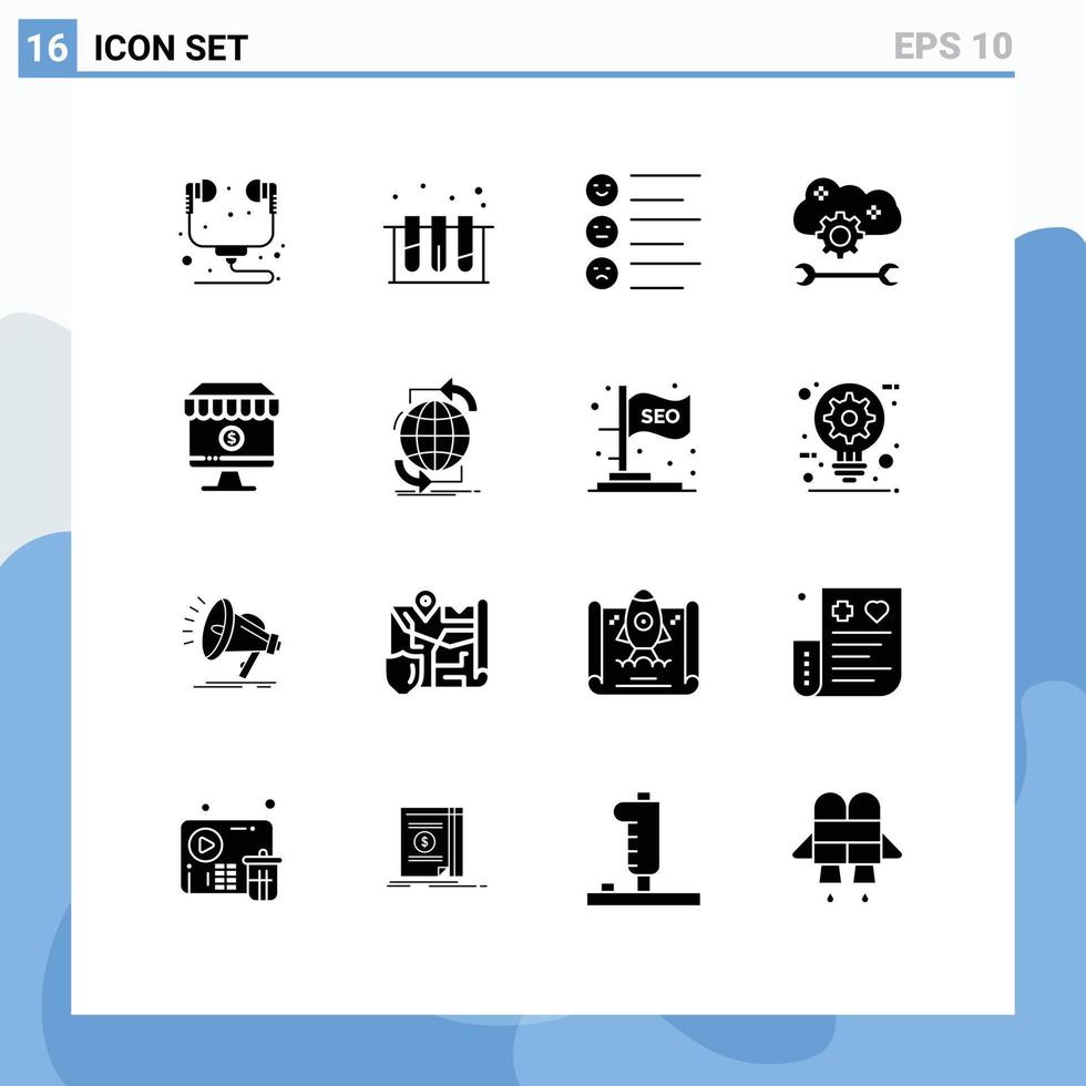 16 User Interface Solid Glyph Pack of modern Signs and Symbols of shop cloud settings format cloud service configure cloud application service Editable Vector Design Elements