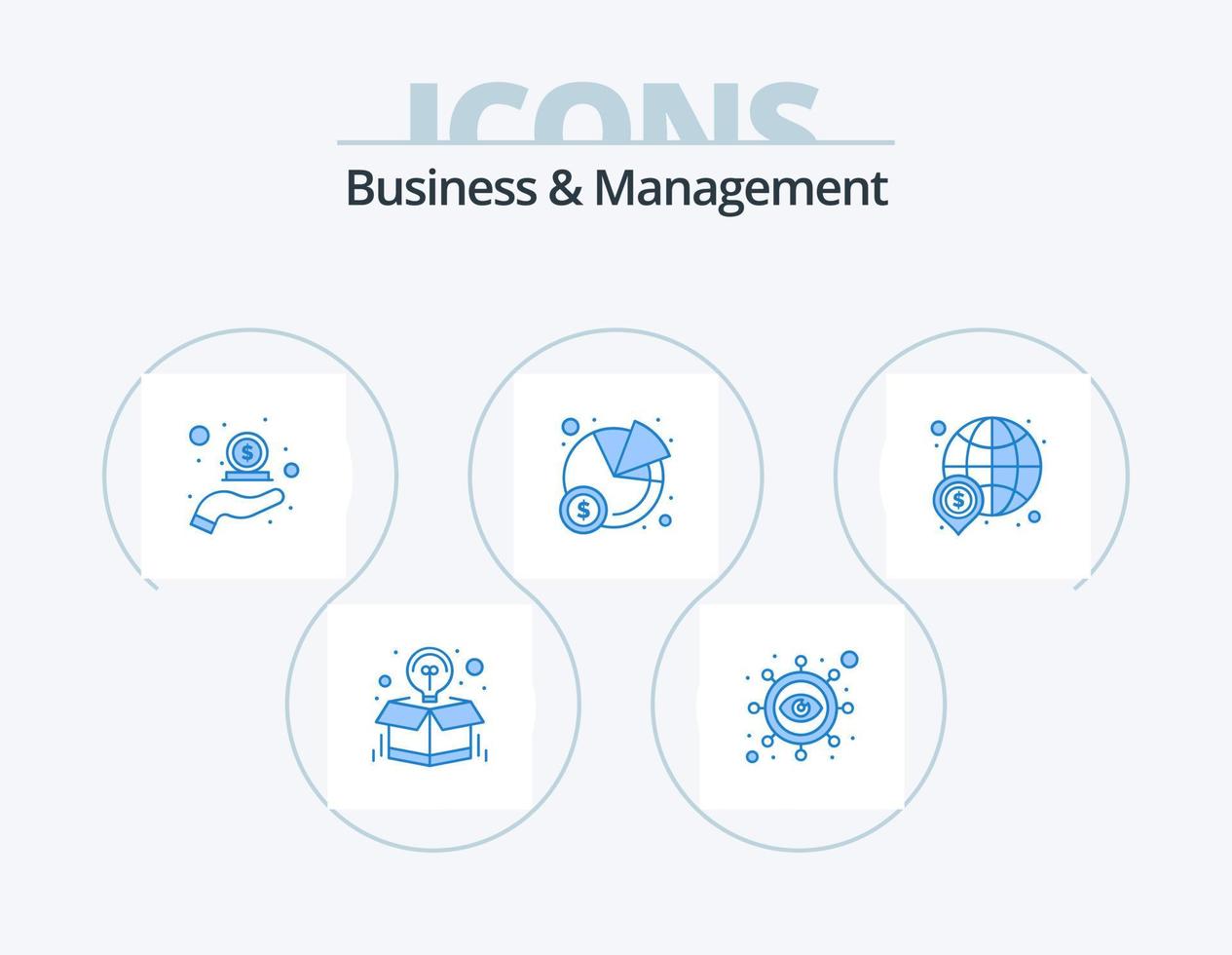 Business And Management Blue Icon Pack 5 Icon Design. dollar. pie. vision. chart. in vector