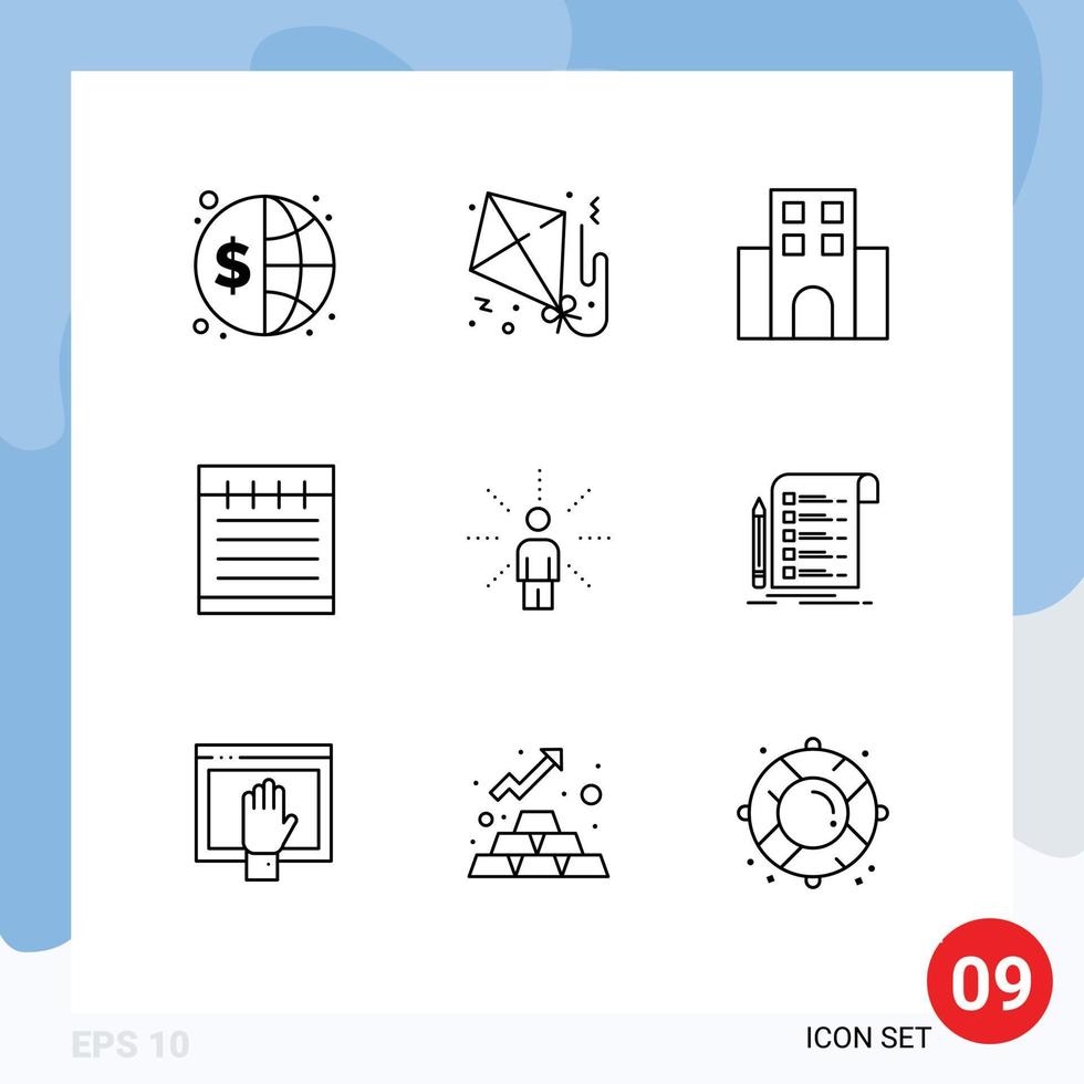 Universal Icon Symbols Group of 9 Modern Outlines of awareness study education paper notebook travel Editable Vector Design Elements