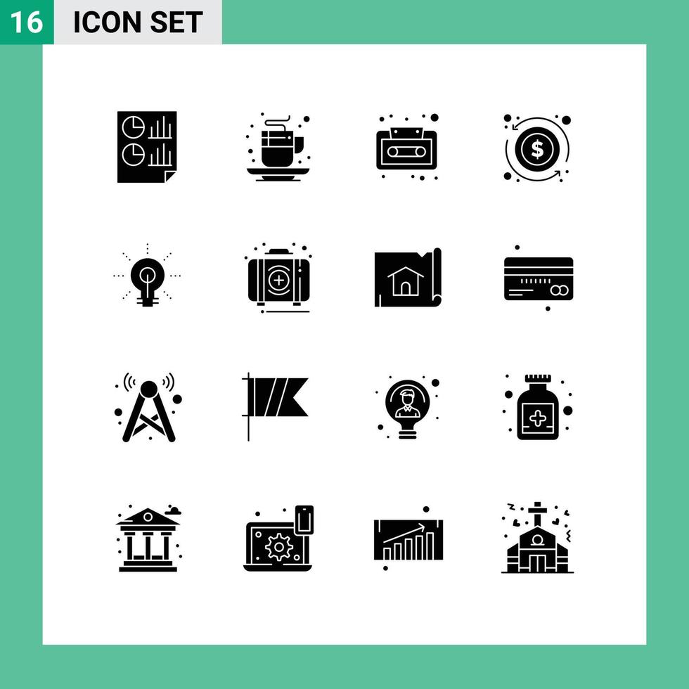 Editable Vector Line Pack of 16 Simple Solid Glyphs of money dollar drink arrow cassette Editable Vector Design Elements