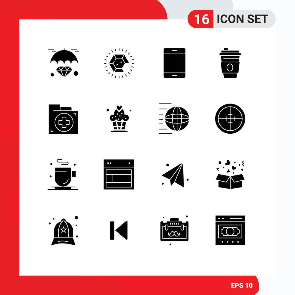 Pack of 16 Modern Solid Glyphs Signs and Symbols for Web Print Media such as bag drink computers disposable cup ipad Editable Vector Design Elements