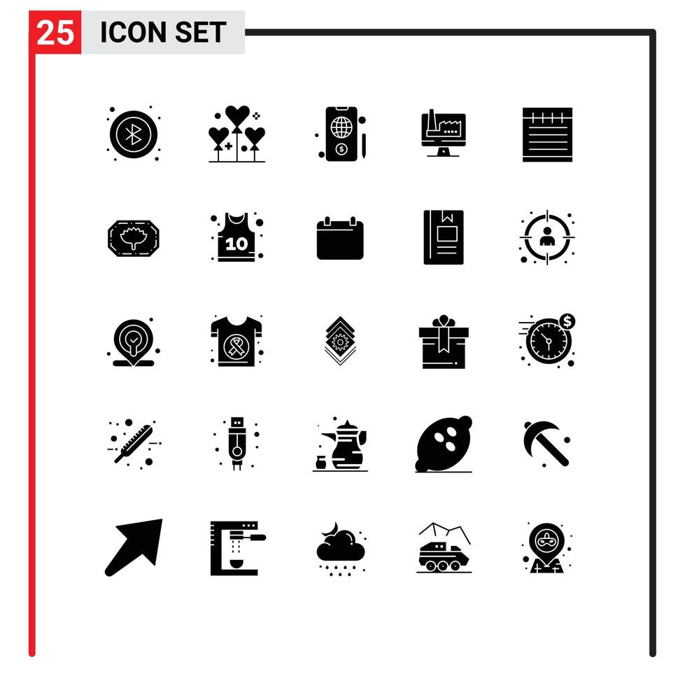Set of 25 Commercial Solid Glyphs pack for bangladesh label study education globe notebook monitore Editable Vector Design Elements
