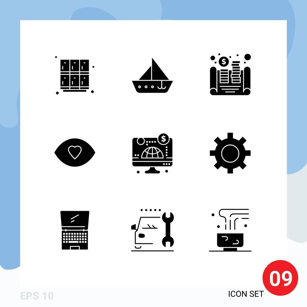Universal Icon Symbols Group of 9 Modern Solid Glyphs of vision face vehicles eye money Editable Vector Design Elements