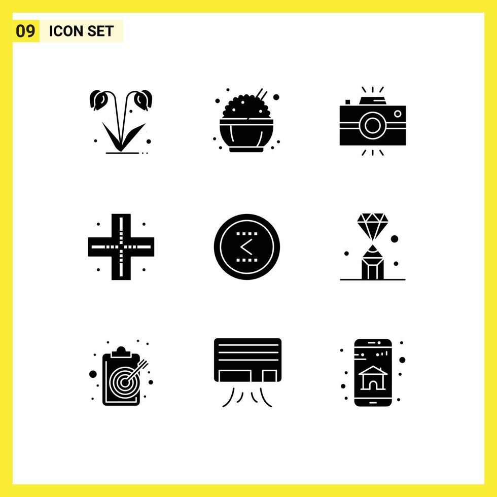 Pack of 9 creative Solid Glyphs of interface arrow camera technology map Editable Vector Design Elements