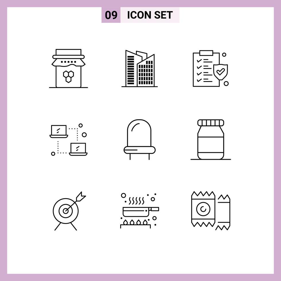 Pack of 9 creative Outlines of light diode document transfer laptop Editable Vector Design Elements