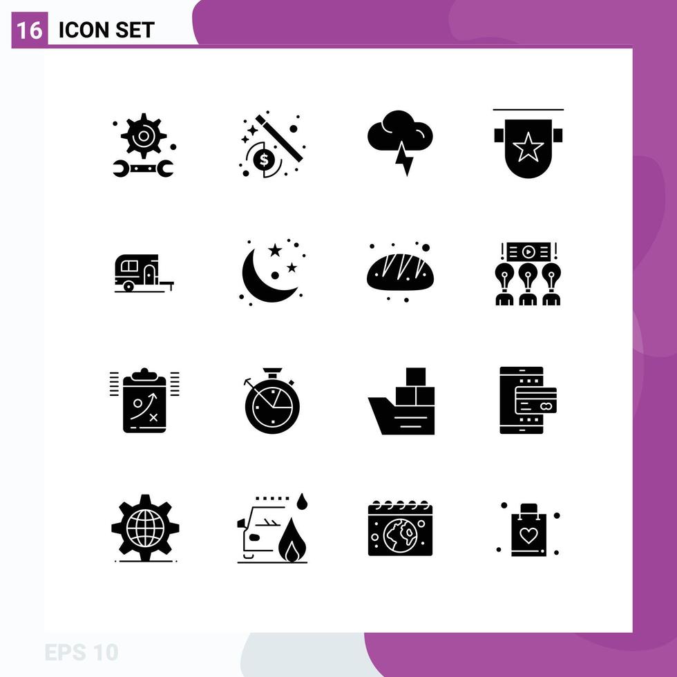 User Interface Pack of 16 Basic Solid Glyphs of camp caravan lightning stamp insignia Editable Vector Design Elements