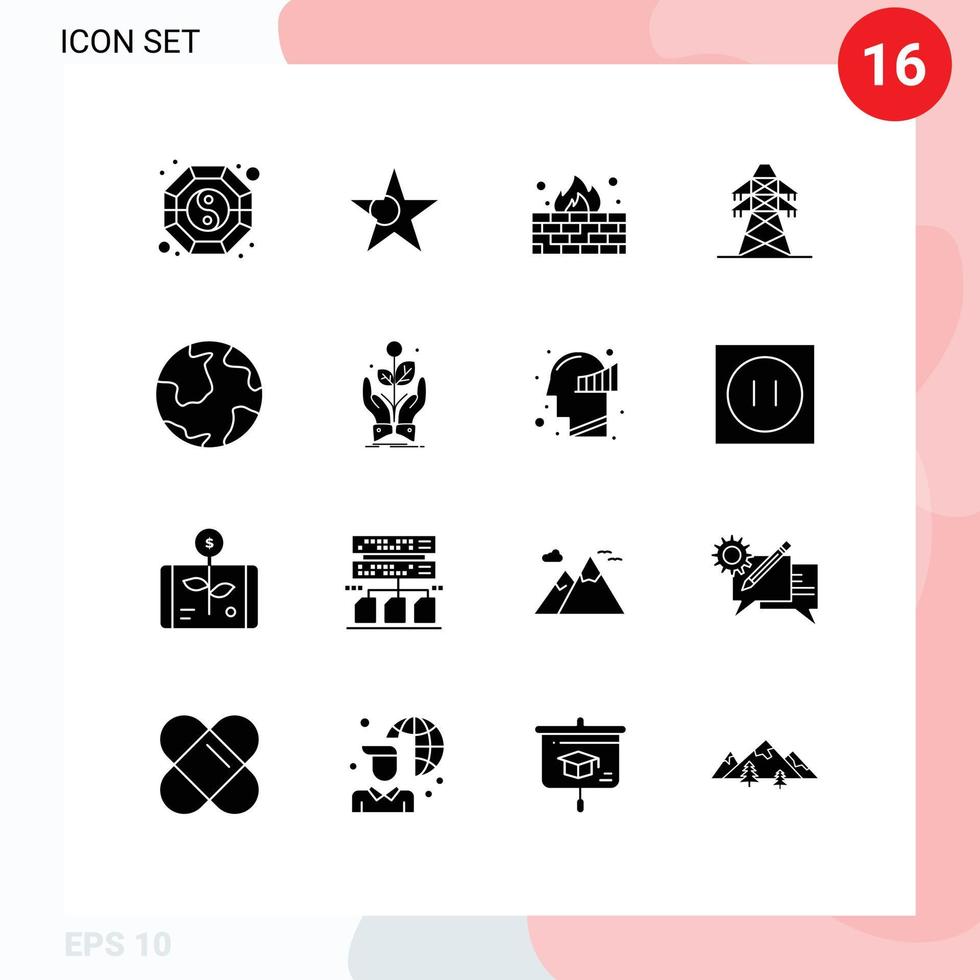 16 Solid Glyph concept for Websites Mobile and Apps world earth firewall transmission tower energy Editable Vector Design Elements