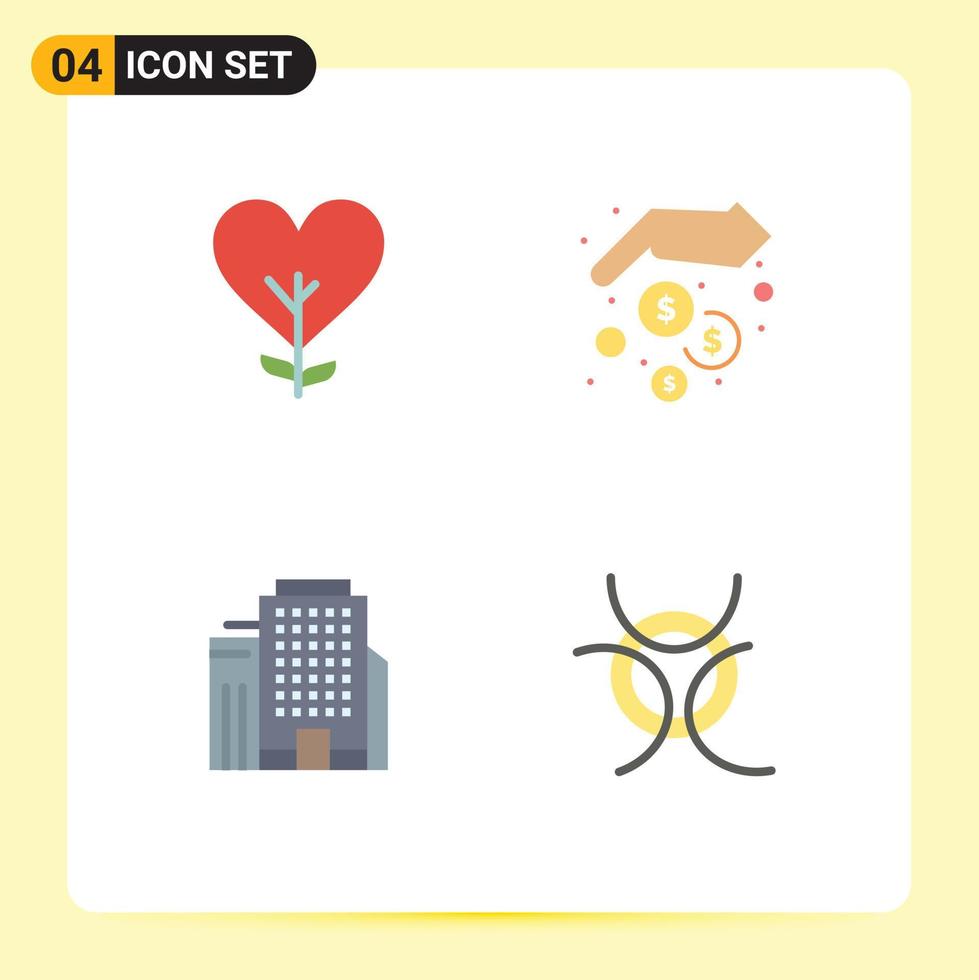 Set of 4 Vector Flat Icons on Grid for heart office tree hands job Editable Vector Design Elements