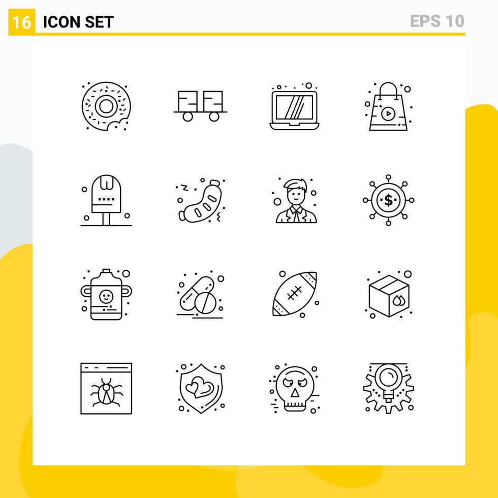 16 Universal Outlines Set for Web and Mobile Applications food and computer bag shopping Editable Vector Design Elements