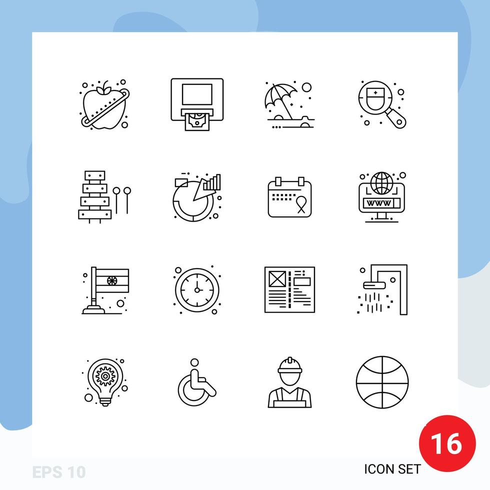 Mobile Interface Outline Set of 16 Pictograms of music audio protection search doctor Editable Vector Design Elements
