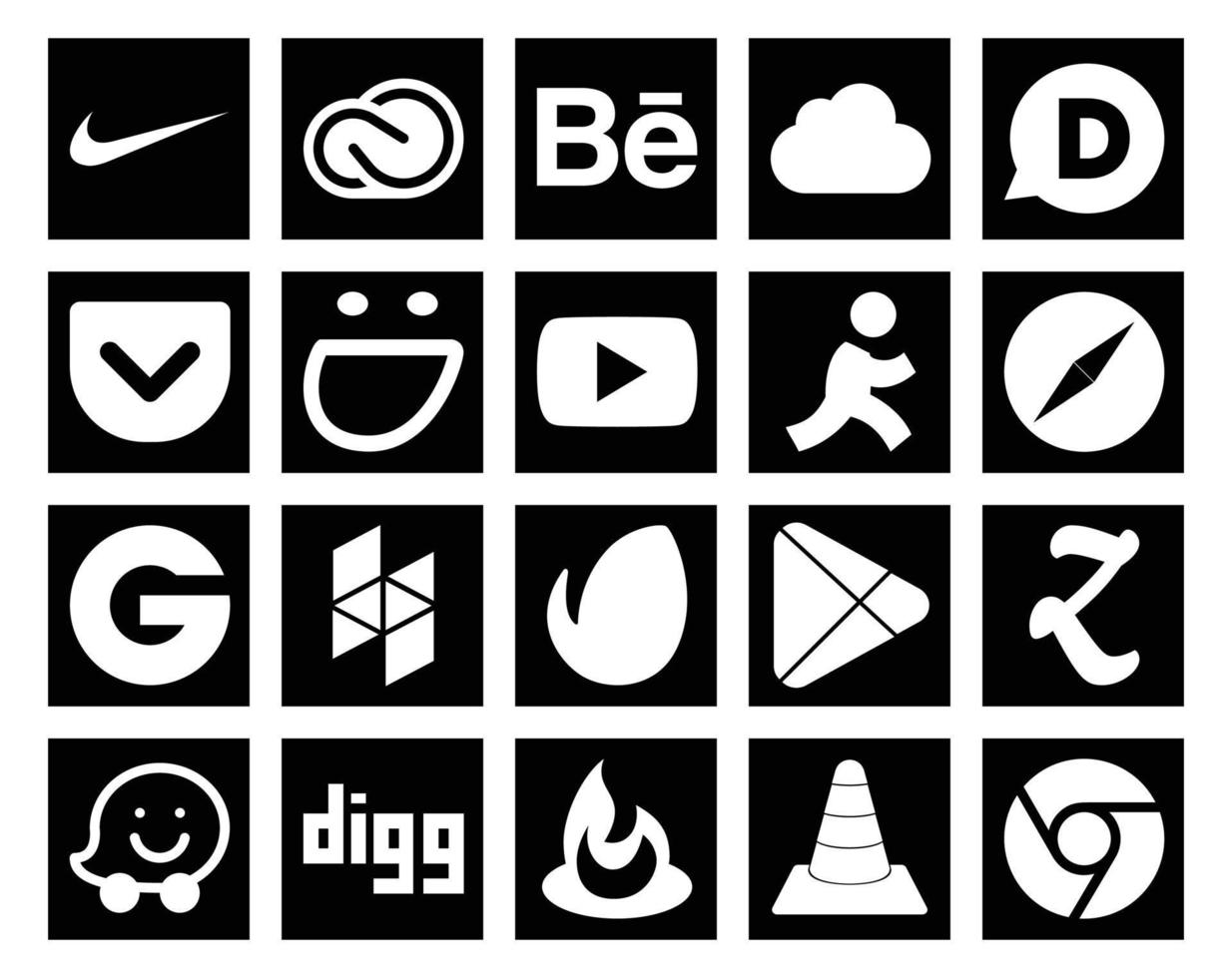 20 social medios de comunicación icono paquete incluso google jugar hozz presumido grupo safari vector