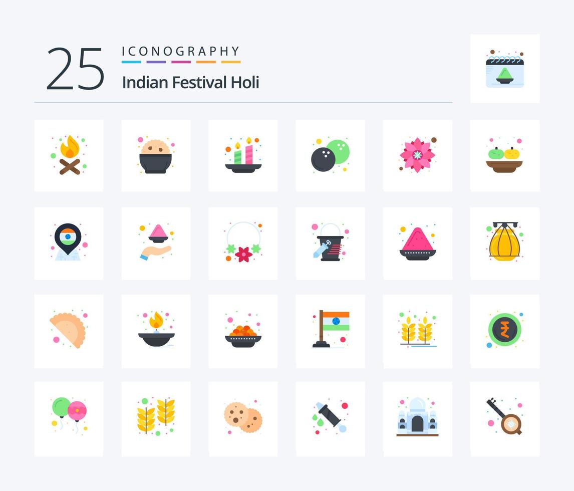 Holi 25 Flat Color icon pack including party. pattern. holi. decoration. food vector