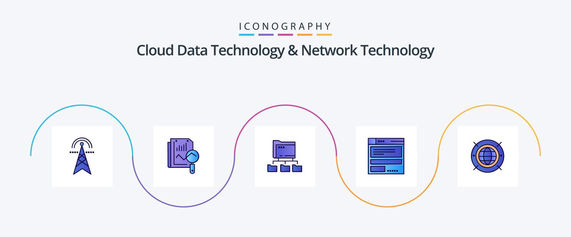 Cloud Data Technology And Network Technology Line Filled Flat 5 Icon Pack Including internet . computing. computing. browser. computing vector