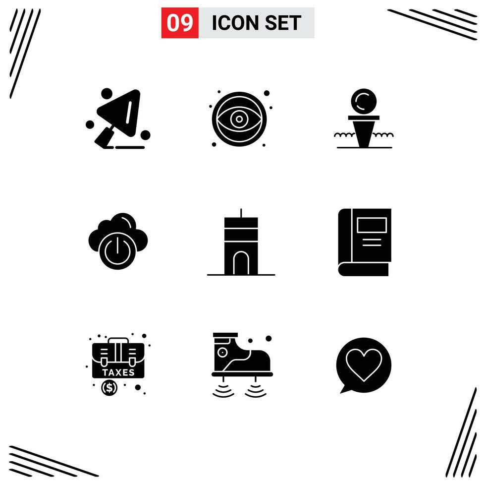 Pack of 9 Modern Solid Glyphs Signs and Symbols for Web Print Media such as buildings off court network cloud Editable Vector Design Elements