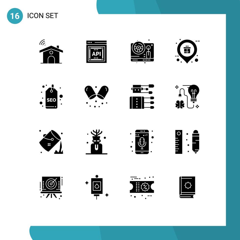 User Interface Pack of 16 Basic Solid Glyphs of badge shop steering place holder Editable Vector Design Elements