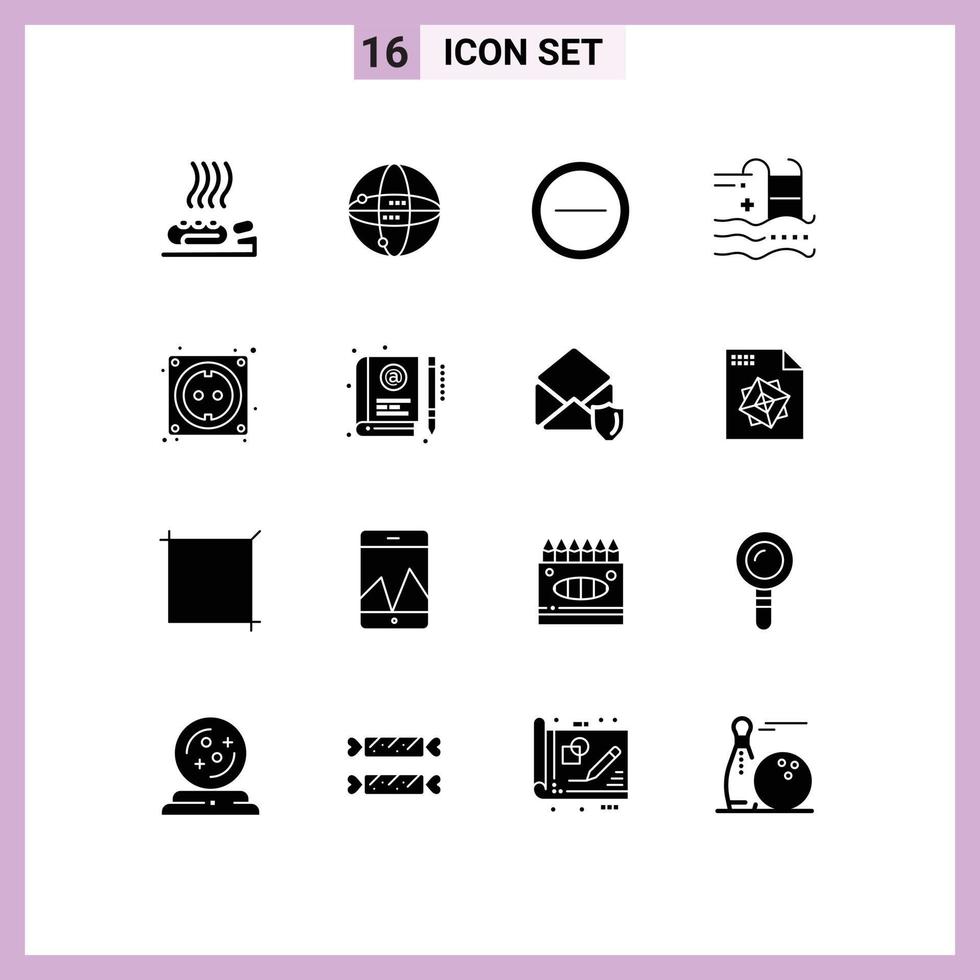 Set of 16 Modern UI Icons Symbols Signs for cable swimming globe summer holiday Editable Vector Design Elements