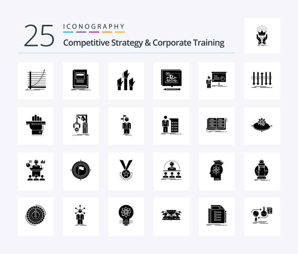 Competitive Strategy And Corporate Training 25 Solid Glyph icon pack including business. analysis. notebook. intent. desire vector