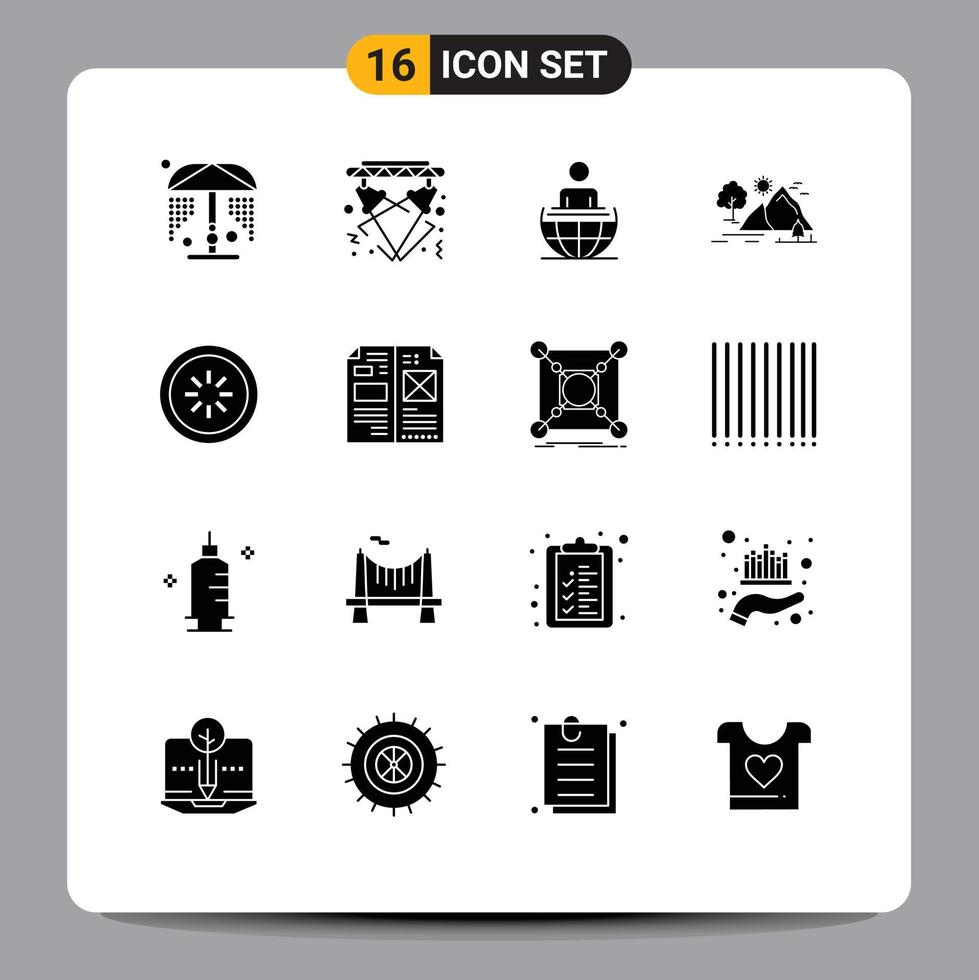 Mobile Interface Solid Glyph Set of 16 Pictograms of buffer mountain global process nature hill Editable Vector Design Elements
