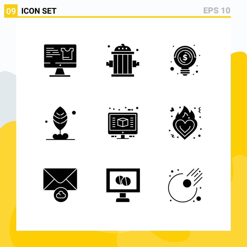 9 Universal Solid Glyph Signs Symbols of construction architecture bulb motivation leaf Editable Vector Design Elements