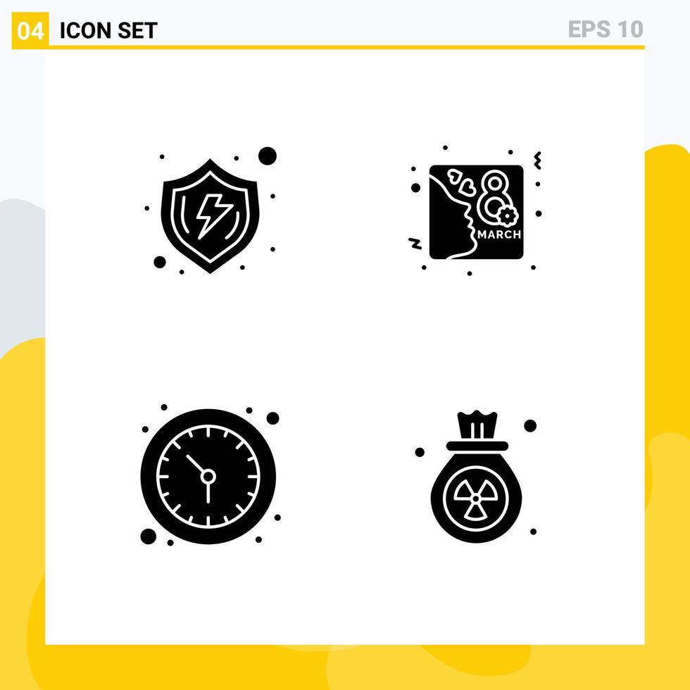 Pack of 4 creative Solid Glyphs of protect clock shield day watch Editable Vector Design Elements