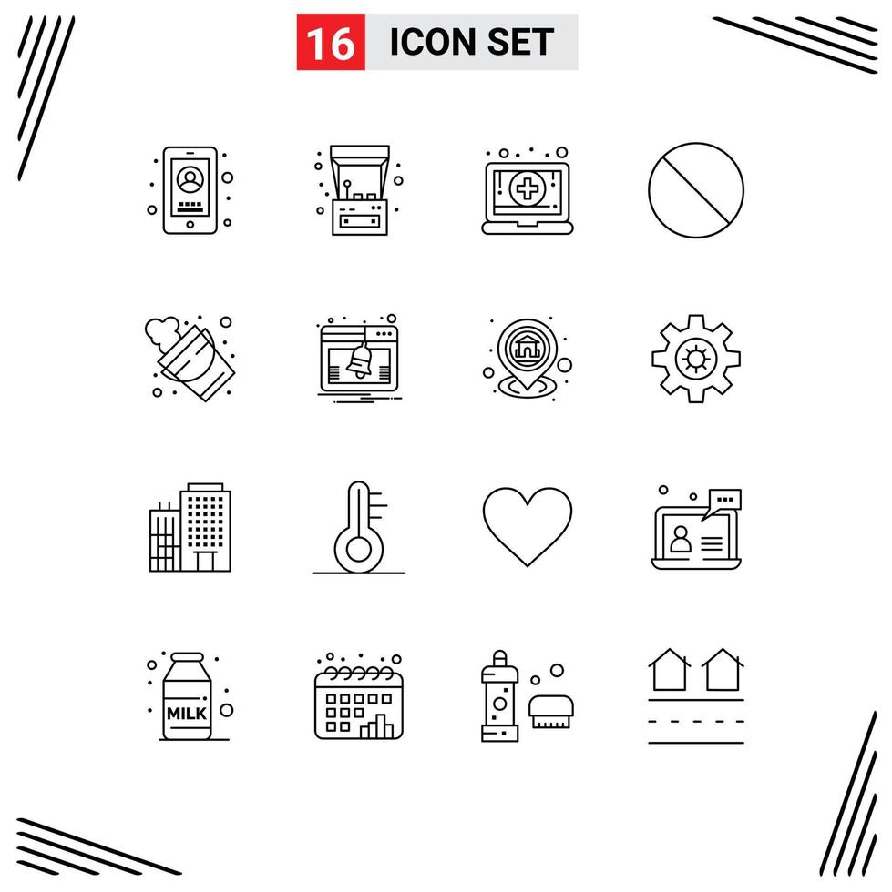 16 Universal Outlines Set for Web and Mobile Applications firefighter bucket digital stop cancel Editable Vector Design Elements