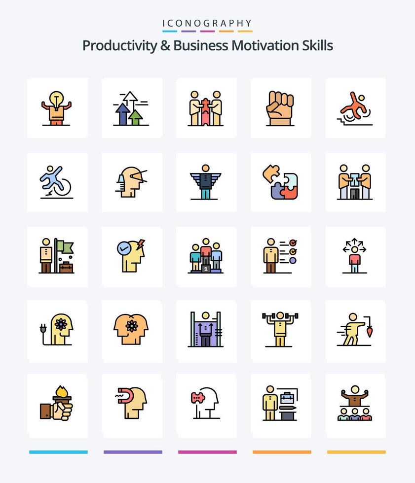 Creative Productivity And Business Motivation Skills 25 Line FIlled icon pack  Such As human. freedom. forward. partnership. cooperation vector