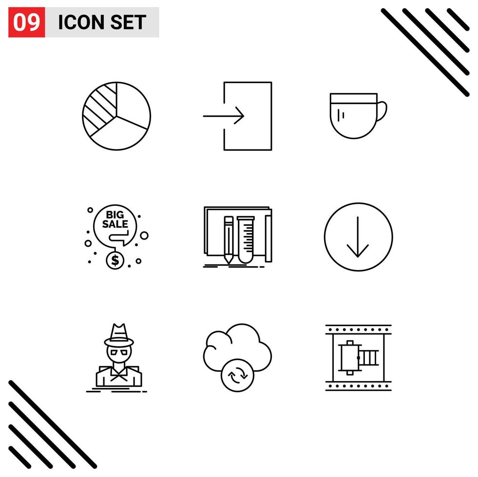 Editable Vector Line Pack of 9 Simple Outlines of lab equipment coffee build discount sale Editable Vector Design Elements