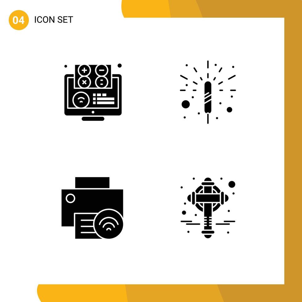 4 User Interface Solid Glyph Pack of modern Signs and Symbols of elearning computers education firecracker gadget Editable Vector Design Elements