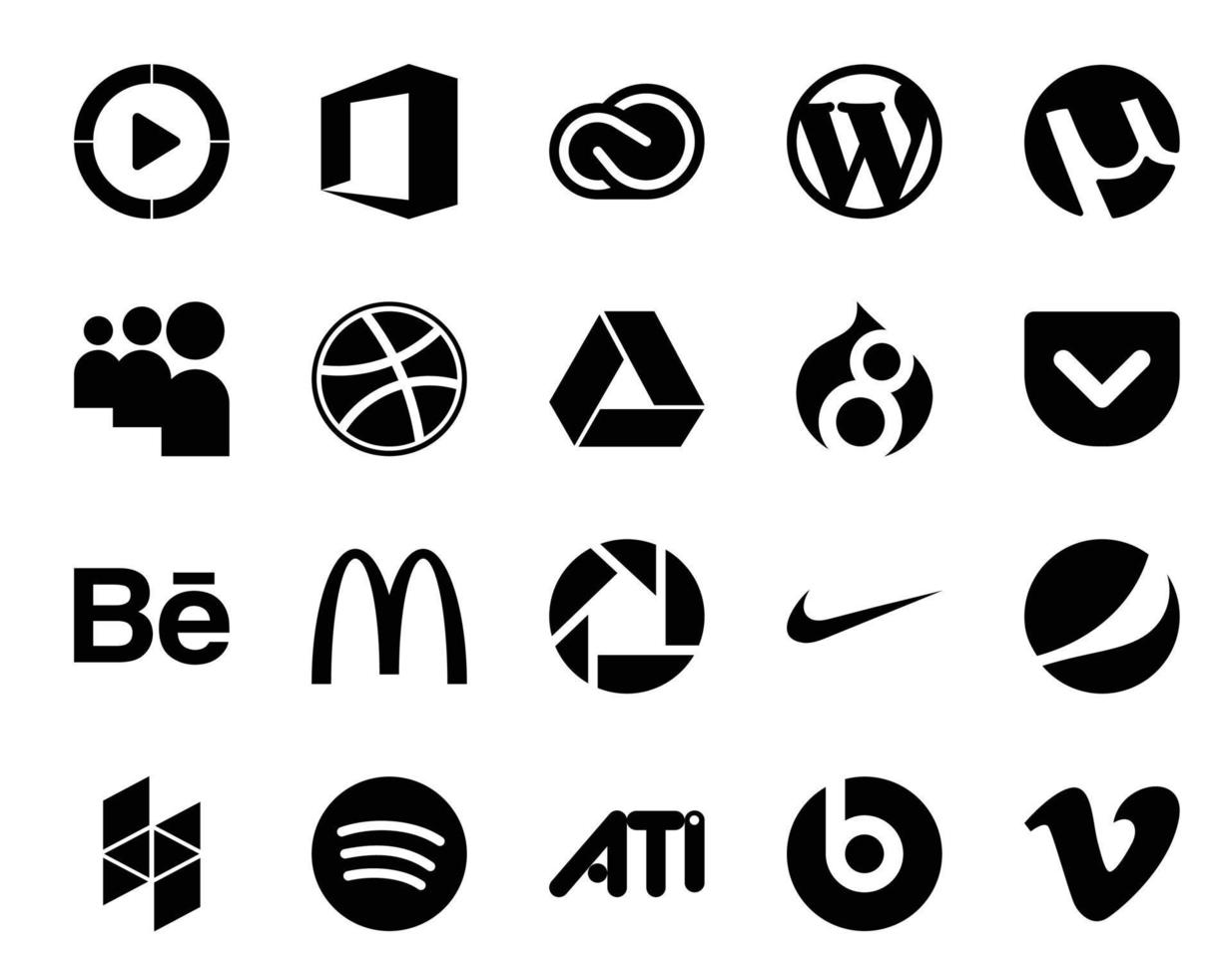 20 Social Media Icon Pack Including nike mcdonalds utorrent behance drupal vector