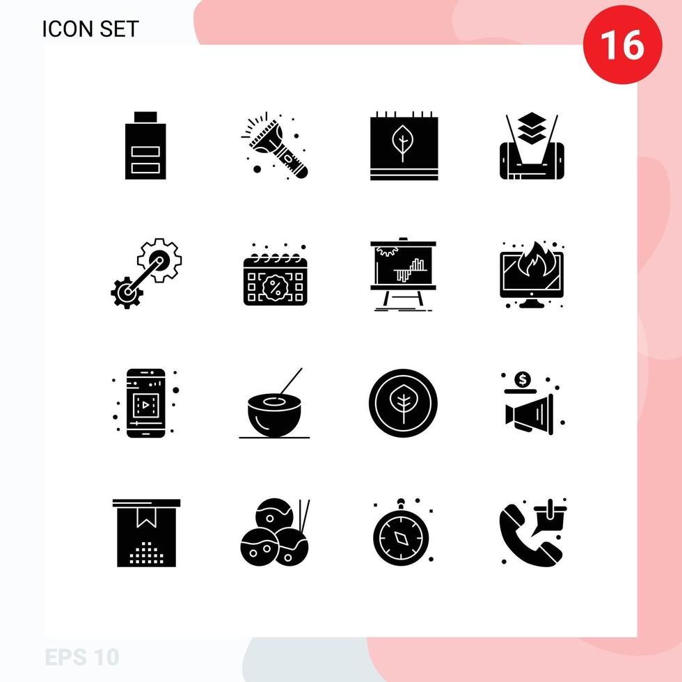 Modern Set of 16 Solid Glyphs and symbols such as engineering cogs calendar technology mobile Editable Vector Design Elements