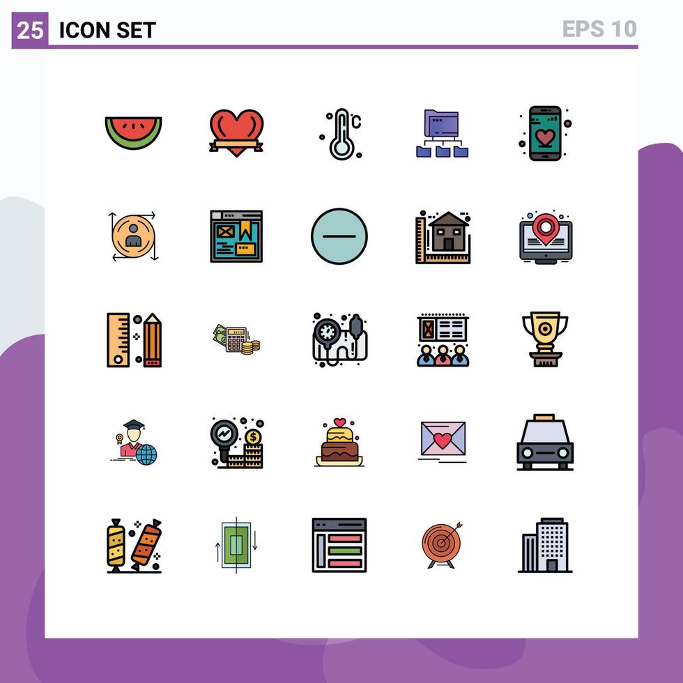 Set of 25 Vector Filled line Flat Colors on Grid for arrow user folder phone app Editable Vector Design Elements