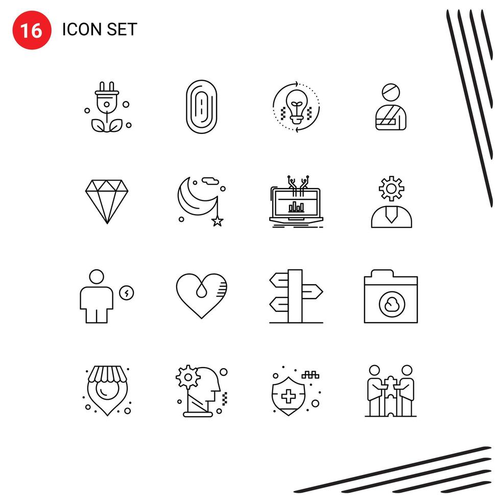 Modern Set of 16 Outlines and symbols such as jewel hospital idea injured patient Editable Vector Design Elements