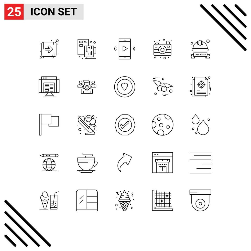 Modern Set of 25 Lines Pictograph of hard hat cap loudspeaker camping camera Editable Vector Design Elements