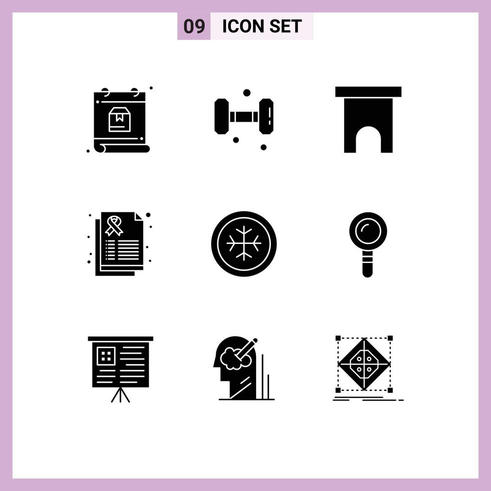 Pack of 9 Modern Solid Glyphs Signs and Symbols for Web Print Media such as cold care building health store Editable Vector Design Elements
