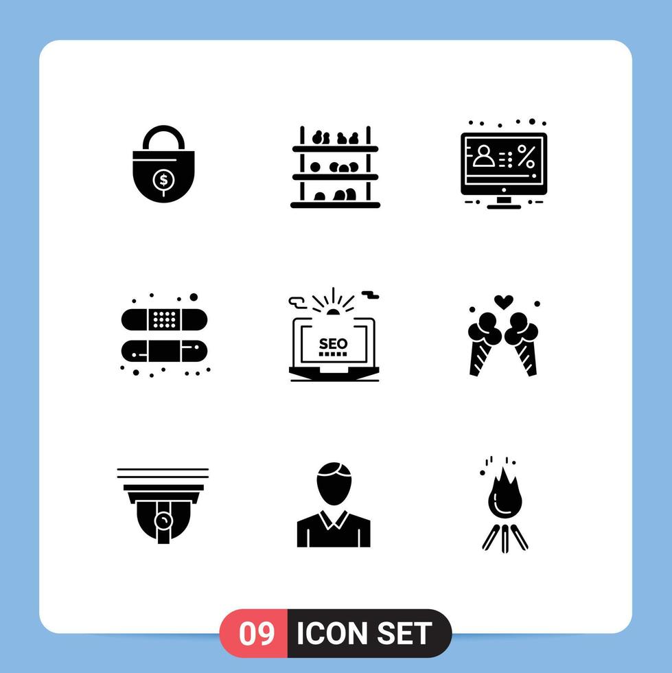 User Interface Pack of 9 Basic Solid Glyphs of seo bandage account band percentage Editable Vector Design Elements