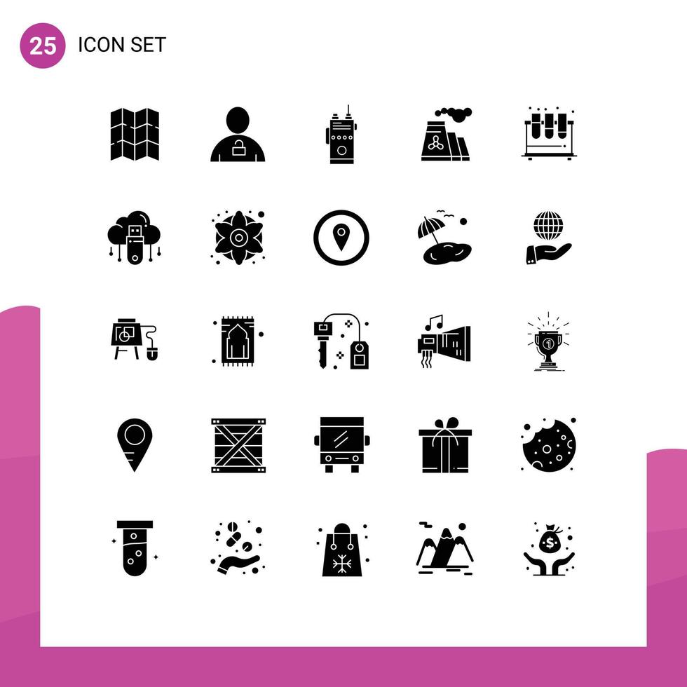 25 Thematic Vector Solid Glyphs and Editable Symbols of chemistry production walkie pollution camping Editable Vector Design Elements