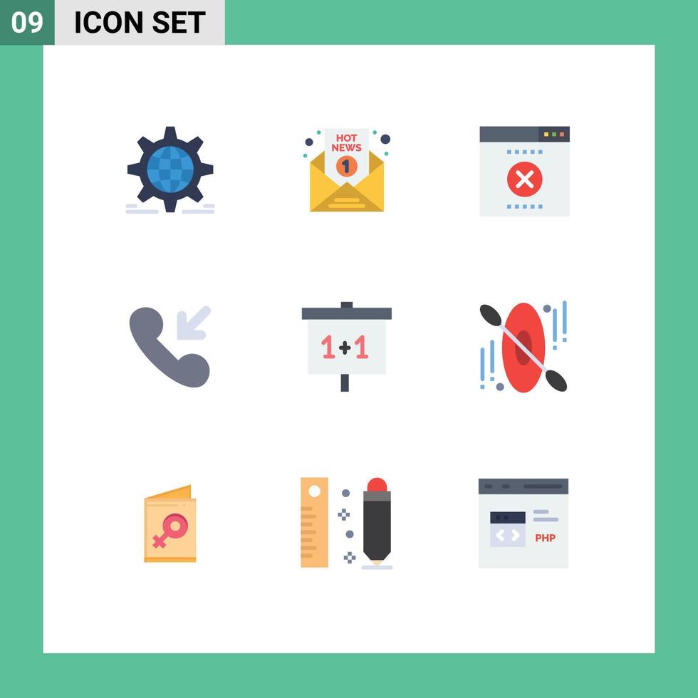 Pack of 9 Modern Flat Colors Signs and Symbols for Web Print Media such as learning incoming news call wrong Editable Vector Design Elements