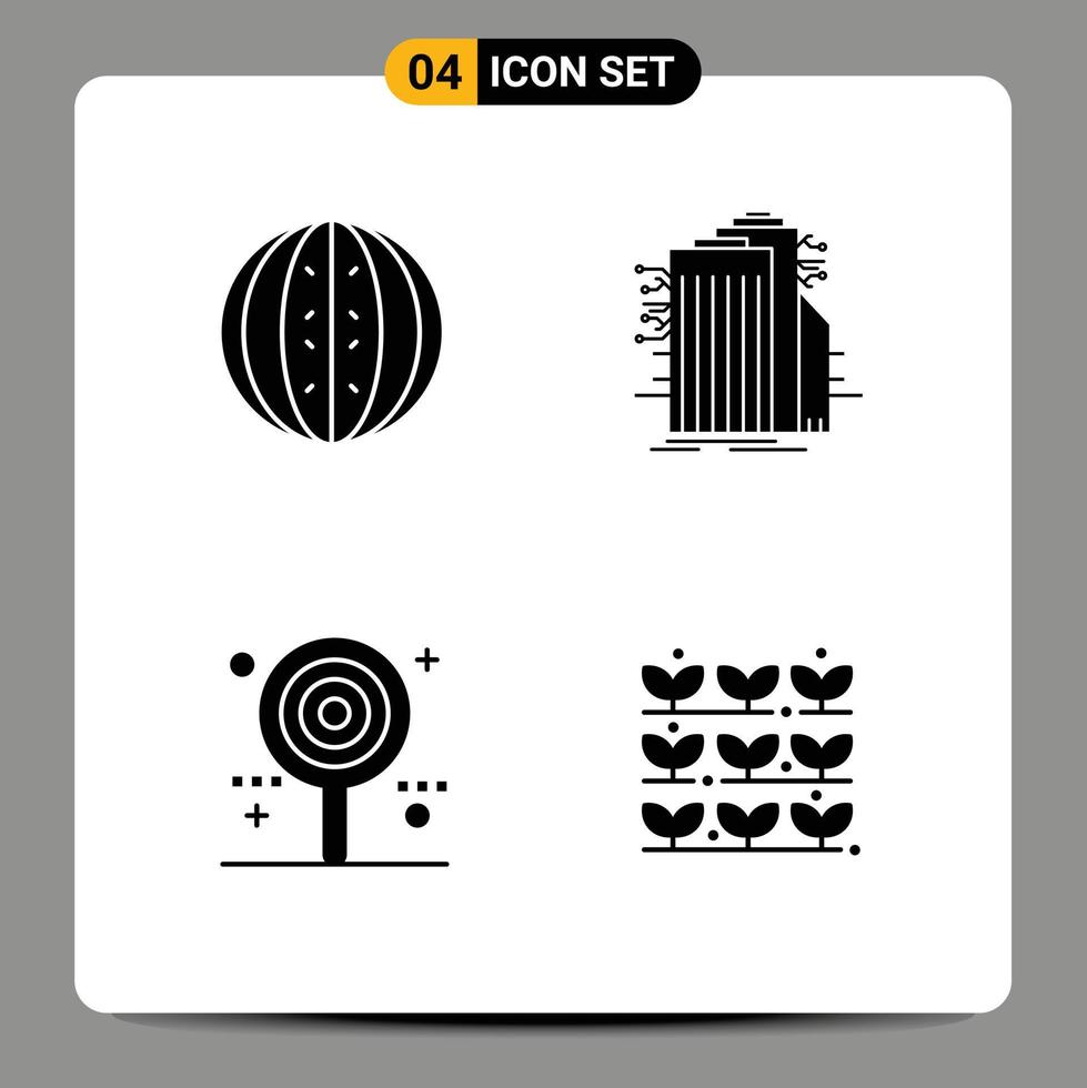 Group of 4 Modern Solid Glyphs Set for drink internet melon technology celebration Editable Vector Design Elements