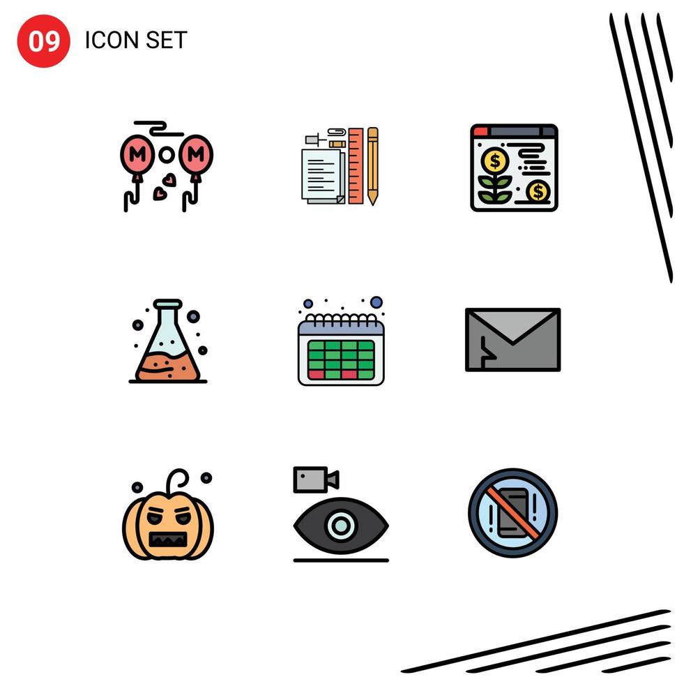 9 User Interface Filledline Flat Color Pack of modern Signs and Symbols of time calendar pin waste pollution Editable Vector Design Elements
