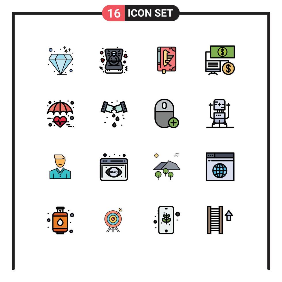 Group of 16 Flat Color Filled Lines Signs and Symbols for medical healthcare codex finance bank Editable Creative Vector Design Elements