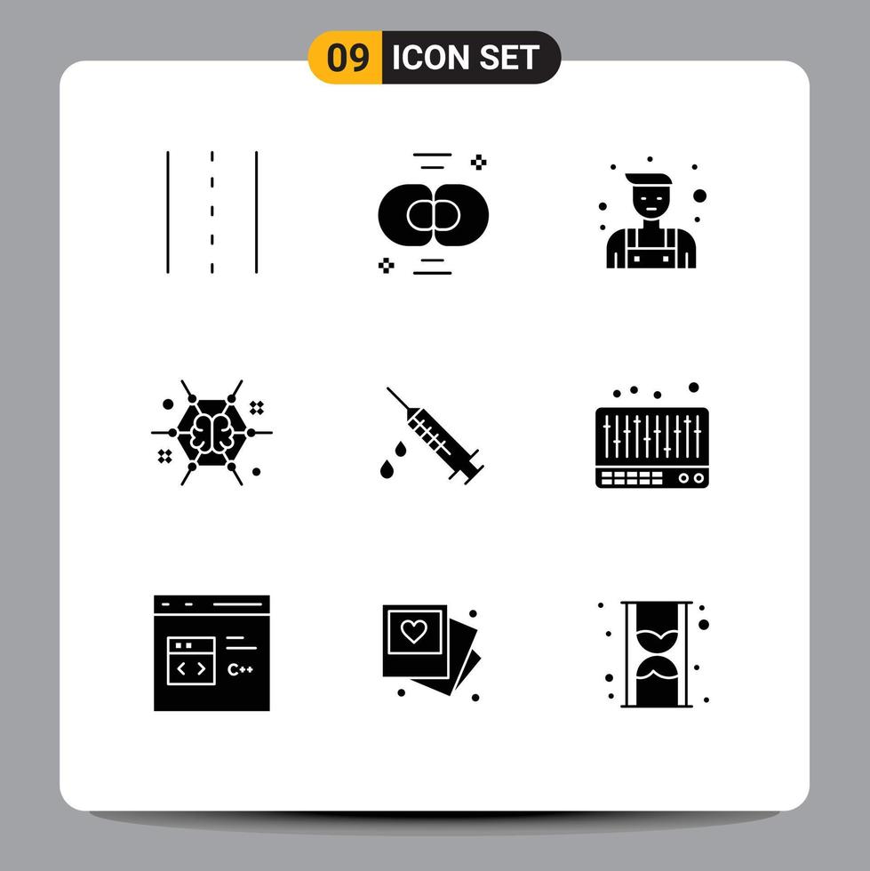 Group of 9 Modern Solid Glyphs Set for ideas brain chemistry connect repairman Editable Vector Design Elements