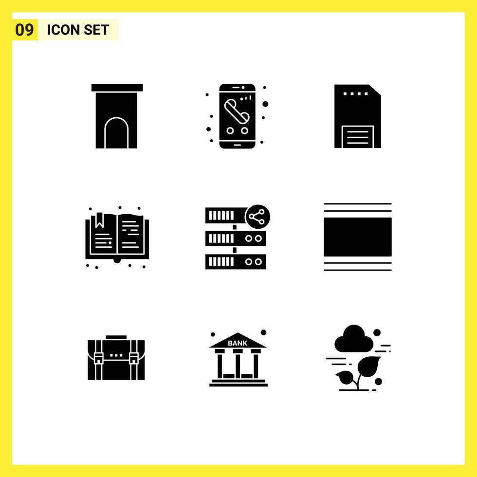 Mobile Interface Solid Glyph Set of 9 Pictograms of hobbies book phone paper hand Editable Vector Design Elements