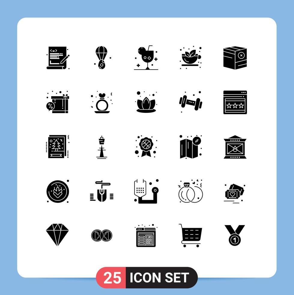 Set of 25 Commercial Solid Glyphs pack for box tea beverage drink ice Editable Vector Design Elements