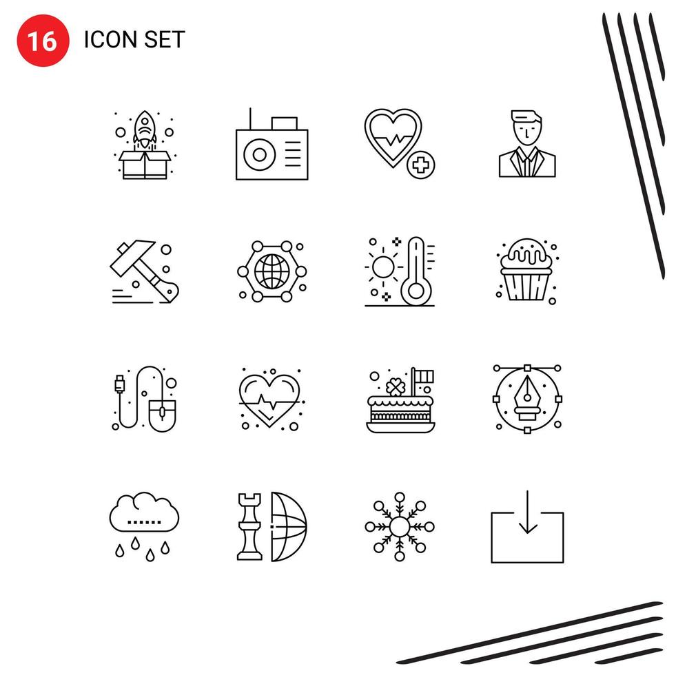 Pack of 16 creative Outlines of tool construction heart mr head Editable Vector Design Elements