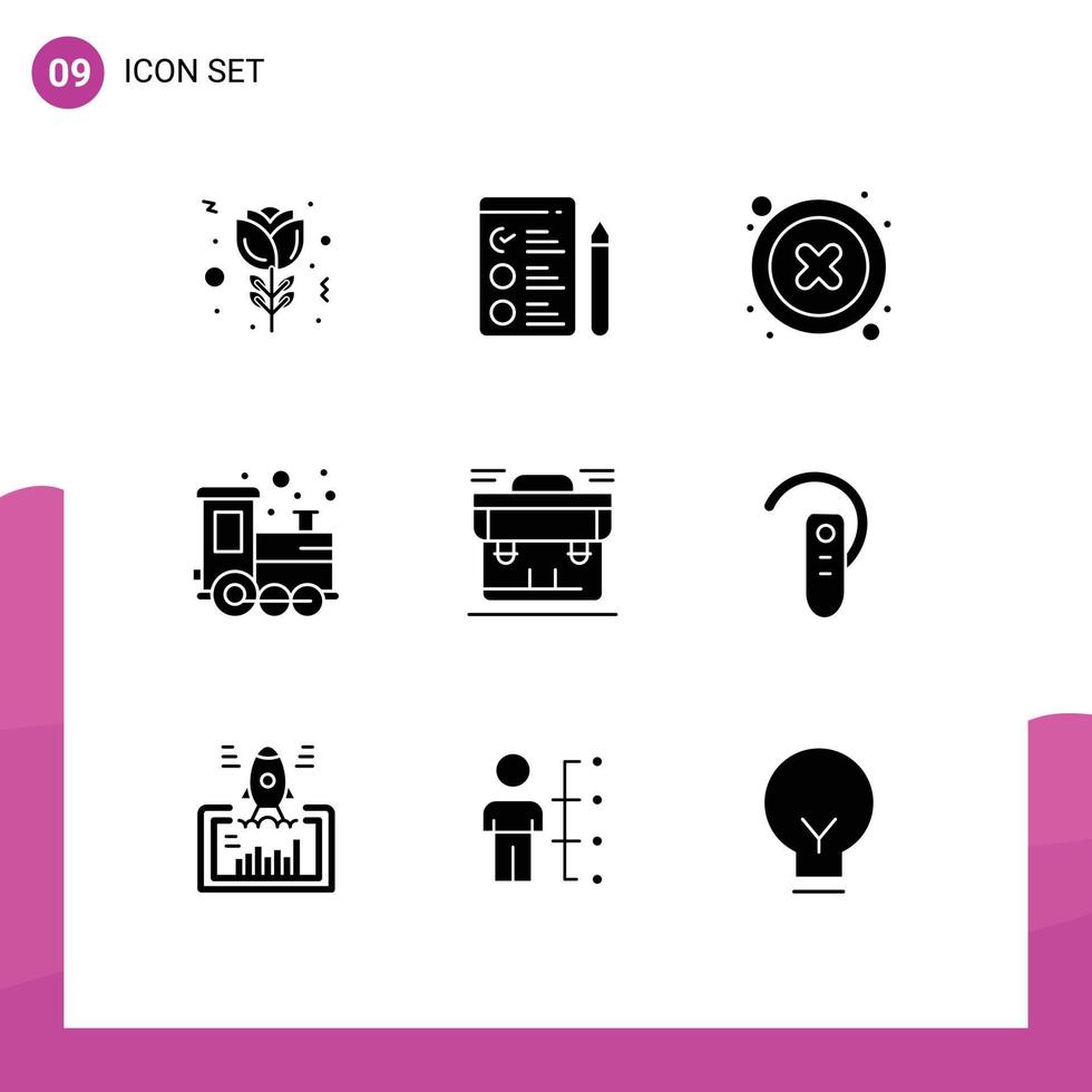 Modern Set of 9 Solid Glyphs Pictograph of briefcase business interface bag train Editable Vector Design Elements