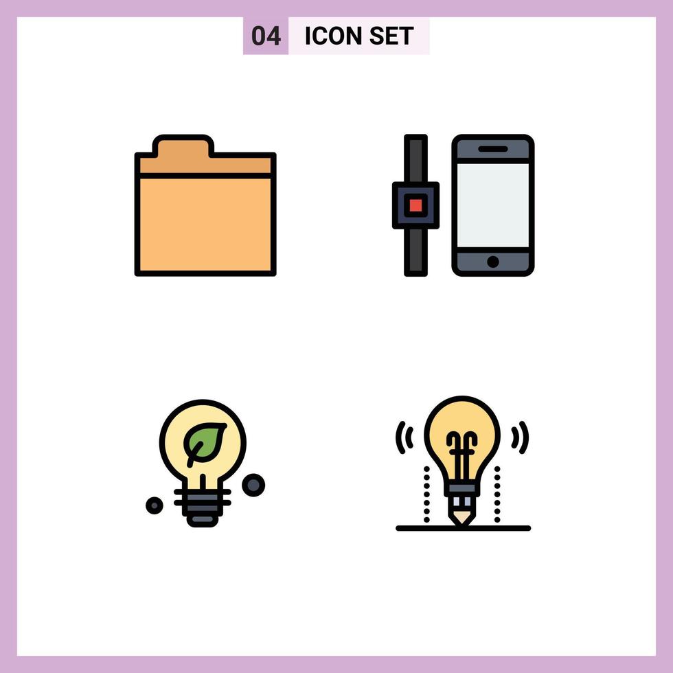 Mobile Interface Filledline Flat Color Set of 4 Pictograms of files idea connect ecology bulb Editable Vector Design Elements