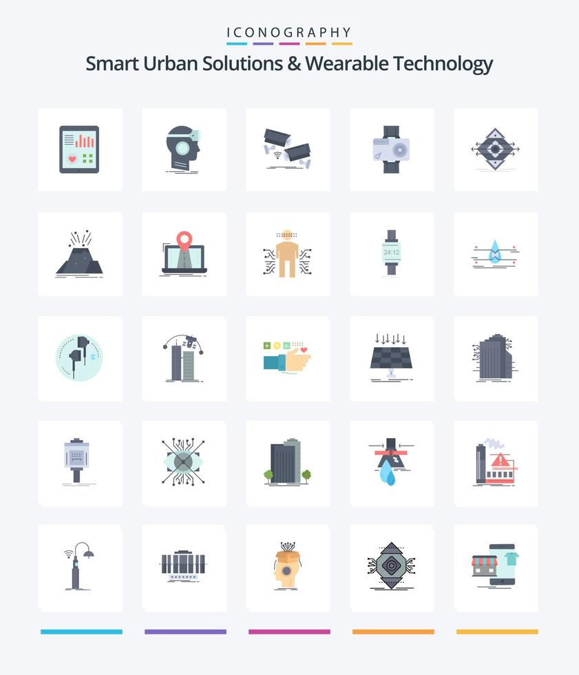 Creative Smart Urban Solutions And Wearable Technology 25 Flat icon pack  Such As action. technology. reality. surveillance. camera vector